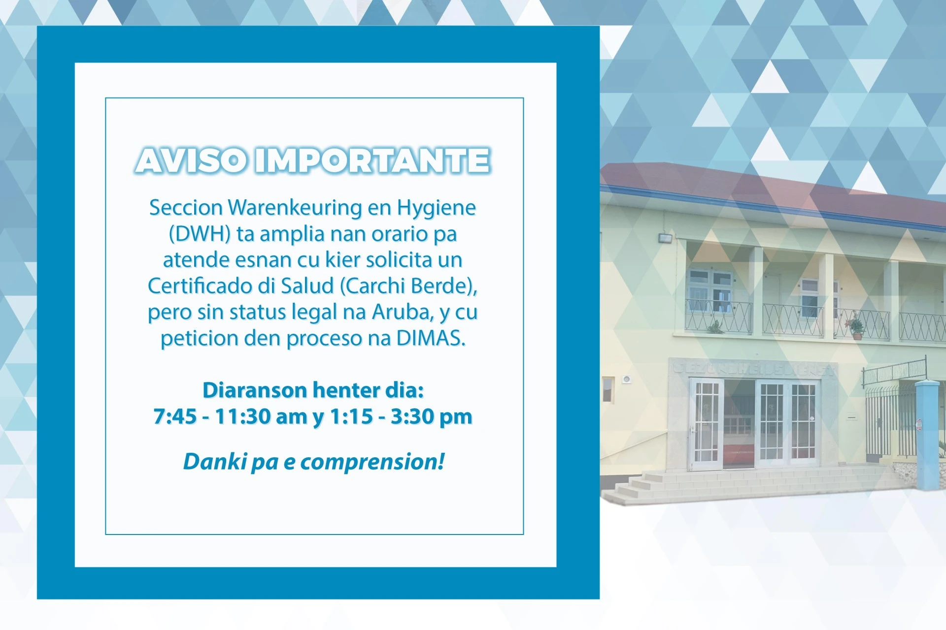 Ta amplia orario di certificado di salud pa esnan cu peticion den proceso na DIMAS