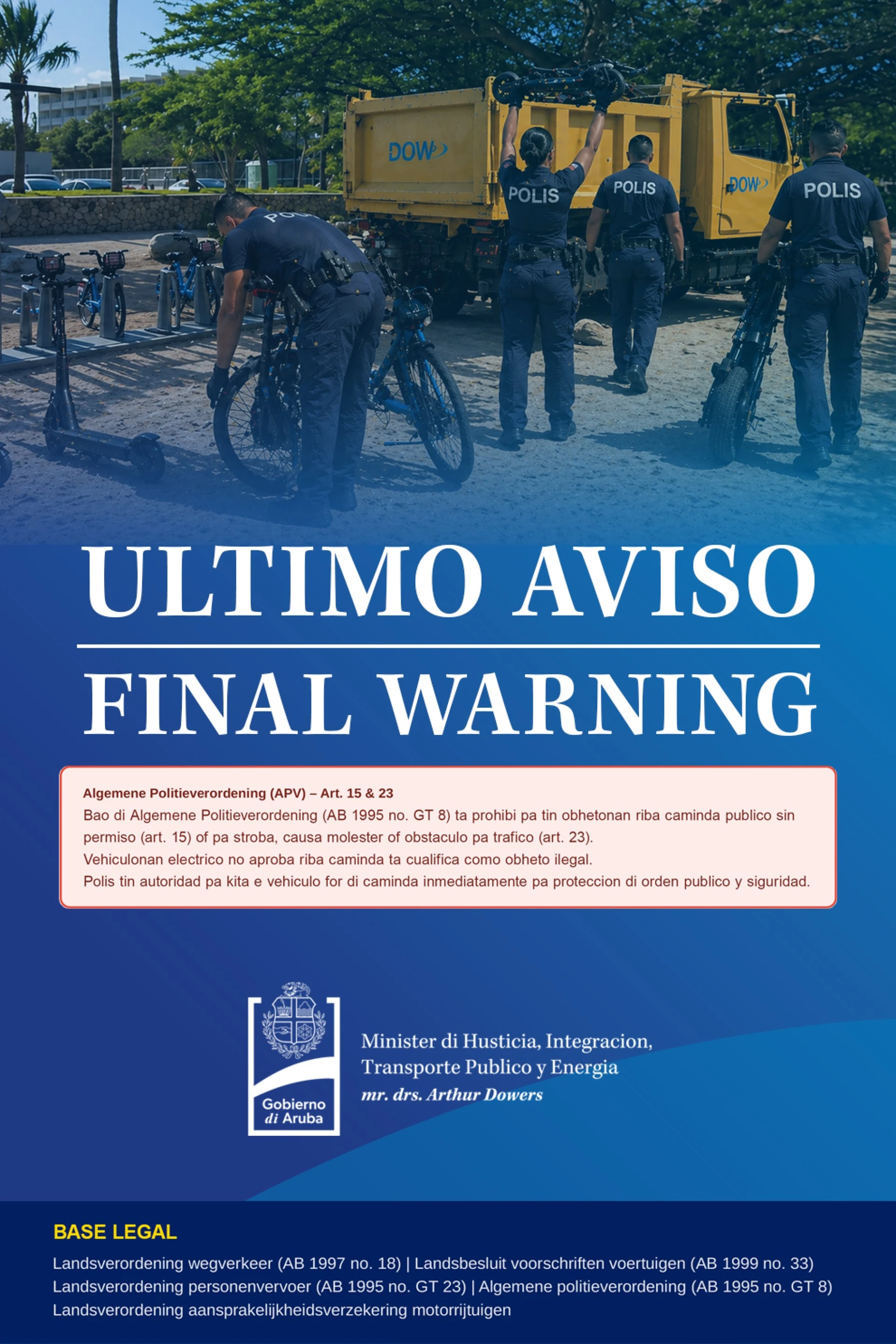 Ultimo aviso: minister dowers ta actua contra uzo ilegal di e-step, e-bike y e-scooter riba caminda publico