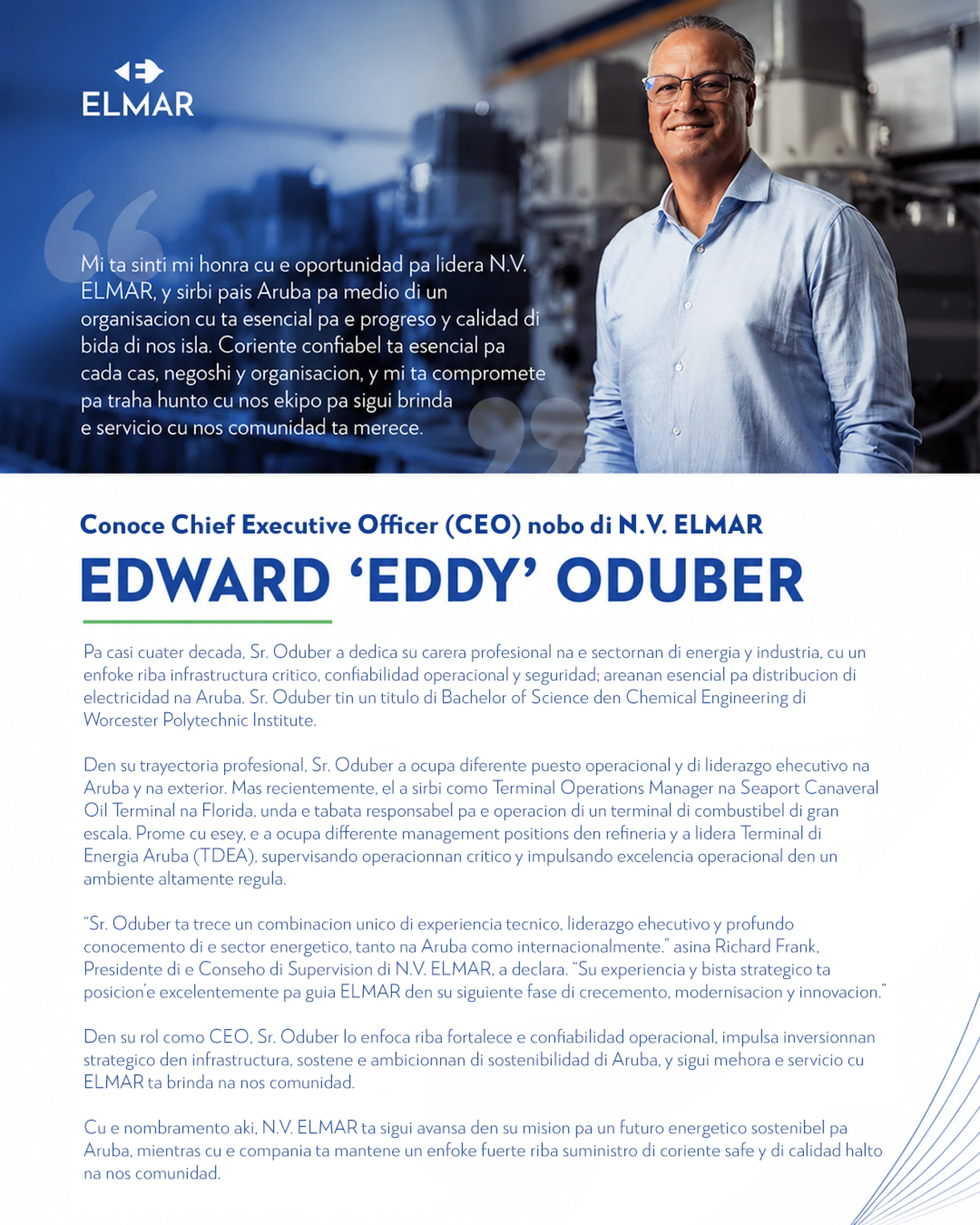 N.V. ELMAR ta anuncia nombramento di CEO nobo, Sr. Eddy Oduber